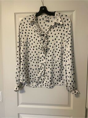 Cabo Polka Dot Ruffle Front Blouse - White with Blue Dots